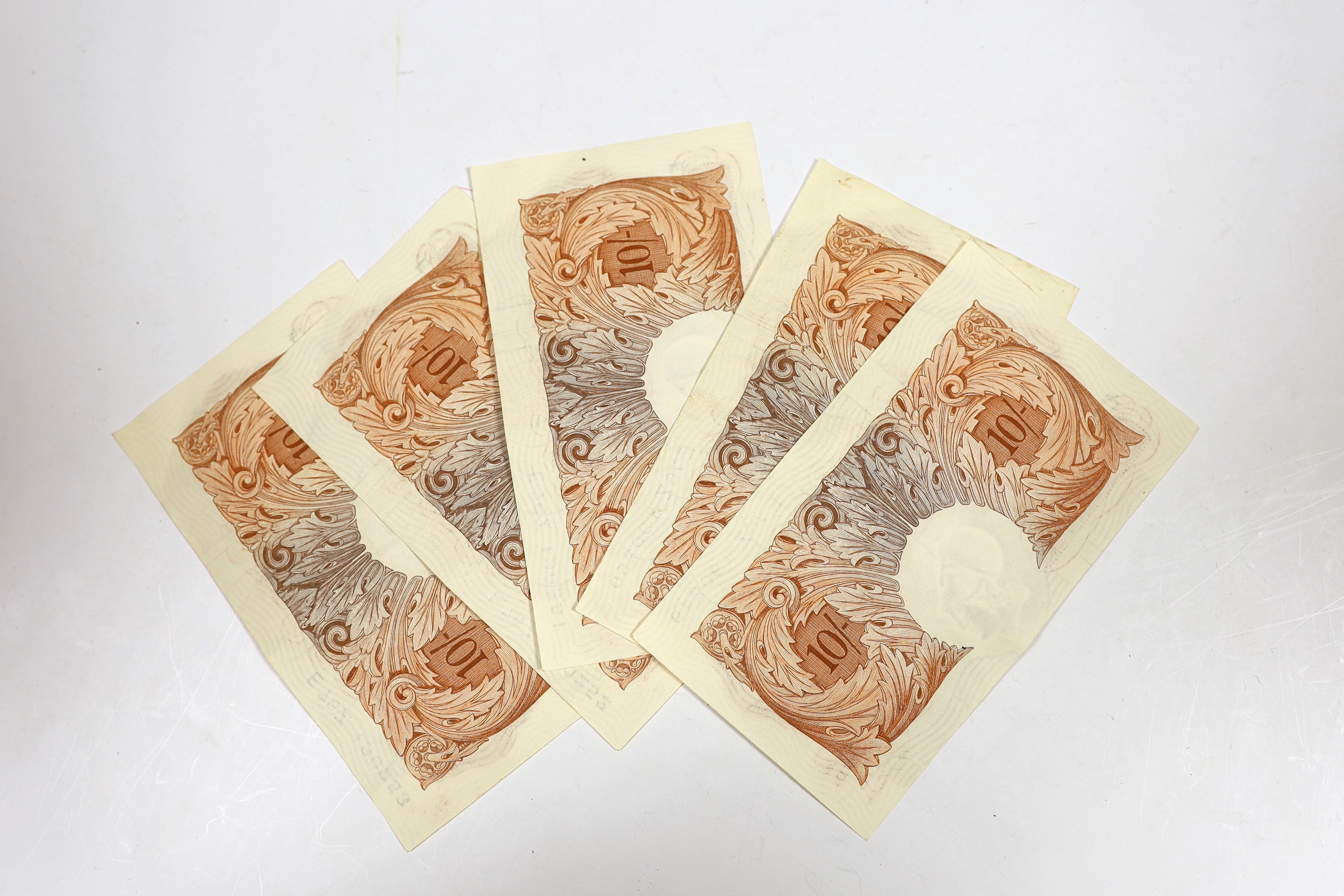 Five consecutive Bank of England, Ten Shillings banknotes, Series 